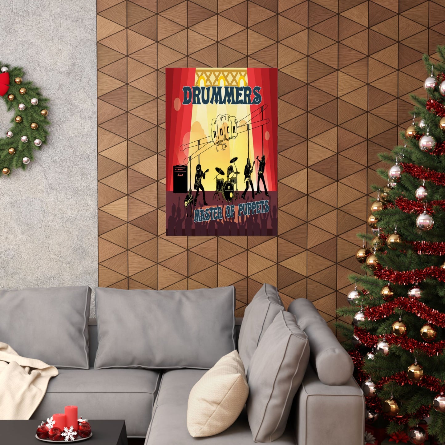 Poster on a wall above a sofa with a decorated Christmas tree to the right