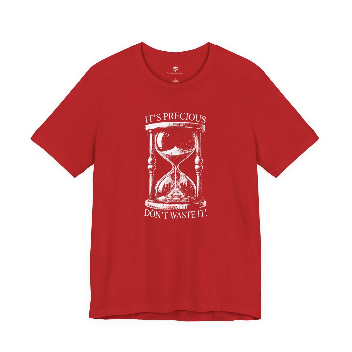 Red t-shirt with white hourglass graphic and text on a white background
