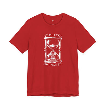 Red t-shirt with white hourglass graphic and text on a white background