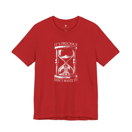 Red t-shirt with white hourglass graphic and text on a white background