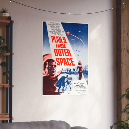 Vintage movie poster for 'Plan 9 from Outer Space' on a wall in a room with plants and a shelf.