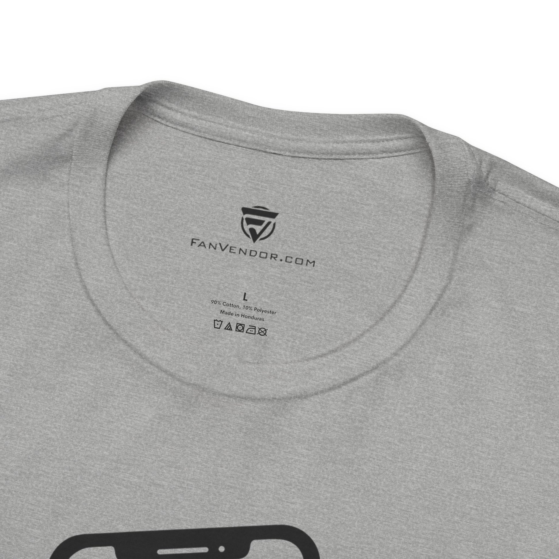 Gray t-shirt with 'FanVendoor.com' logo and text on the collar area.