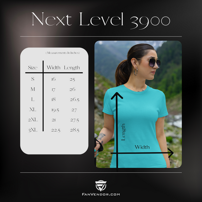 Fan Vendor Measurement chart for t-shirt sizes with a woman wearing a blue t-shirt outdoors.