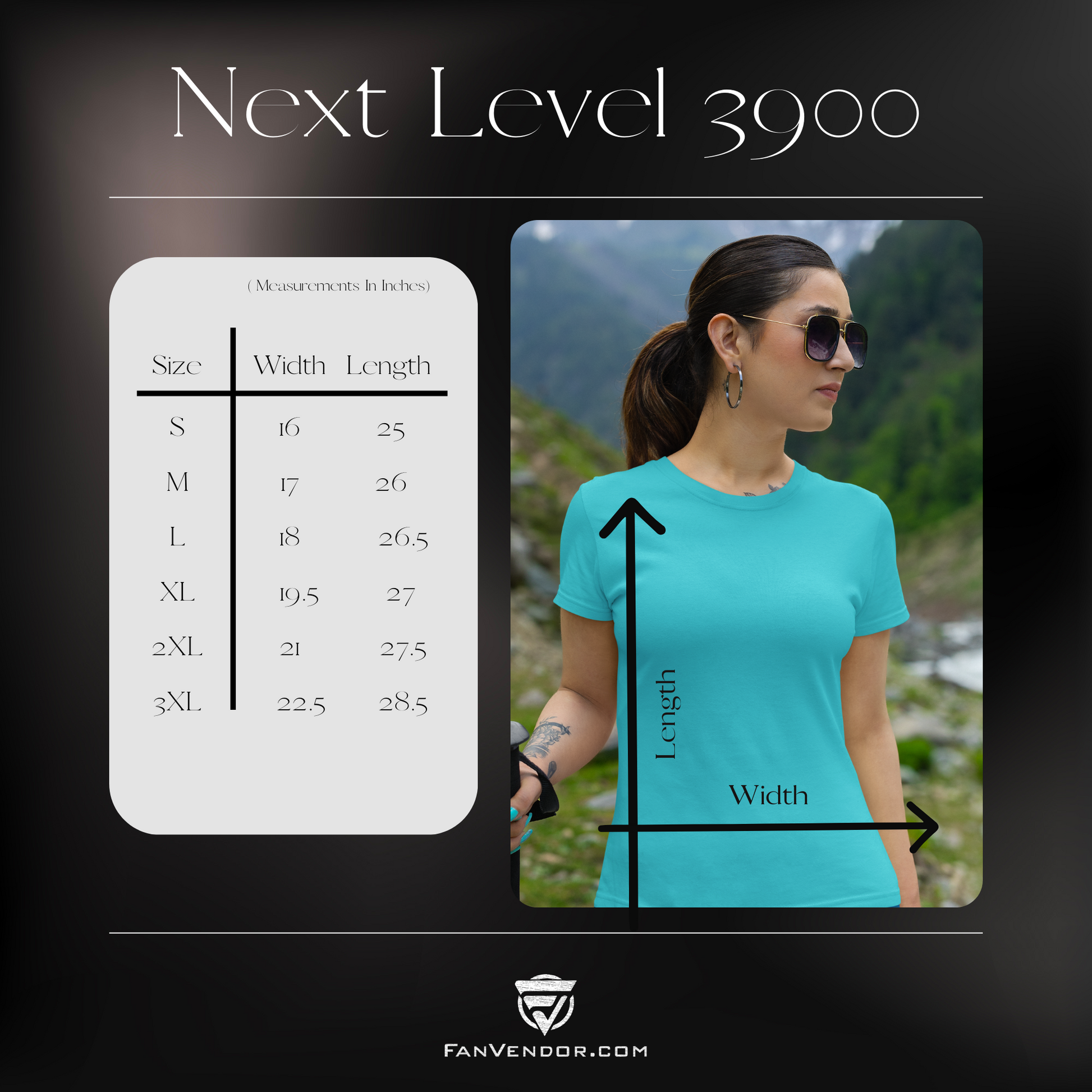 Fan Vendor Measurement chart for t-shirt sizes with a woman wearing a blue t-shirt outdoors.
