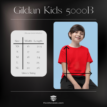 Child wearing a red shirt with FanVendor size chart on a dark background