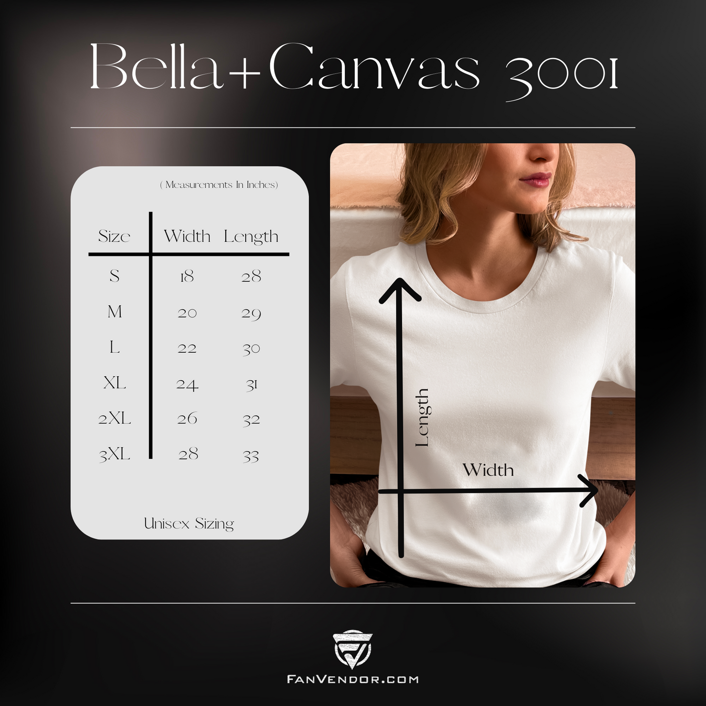 FanVendor Bella+Canvas 3001 shirt size chart with a person wearing a white shirt.