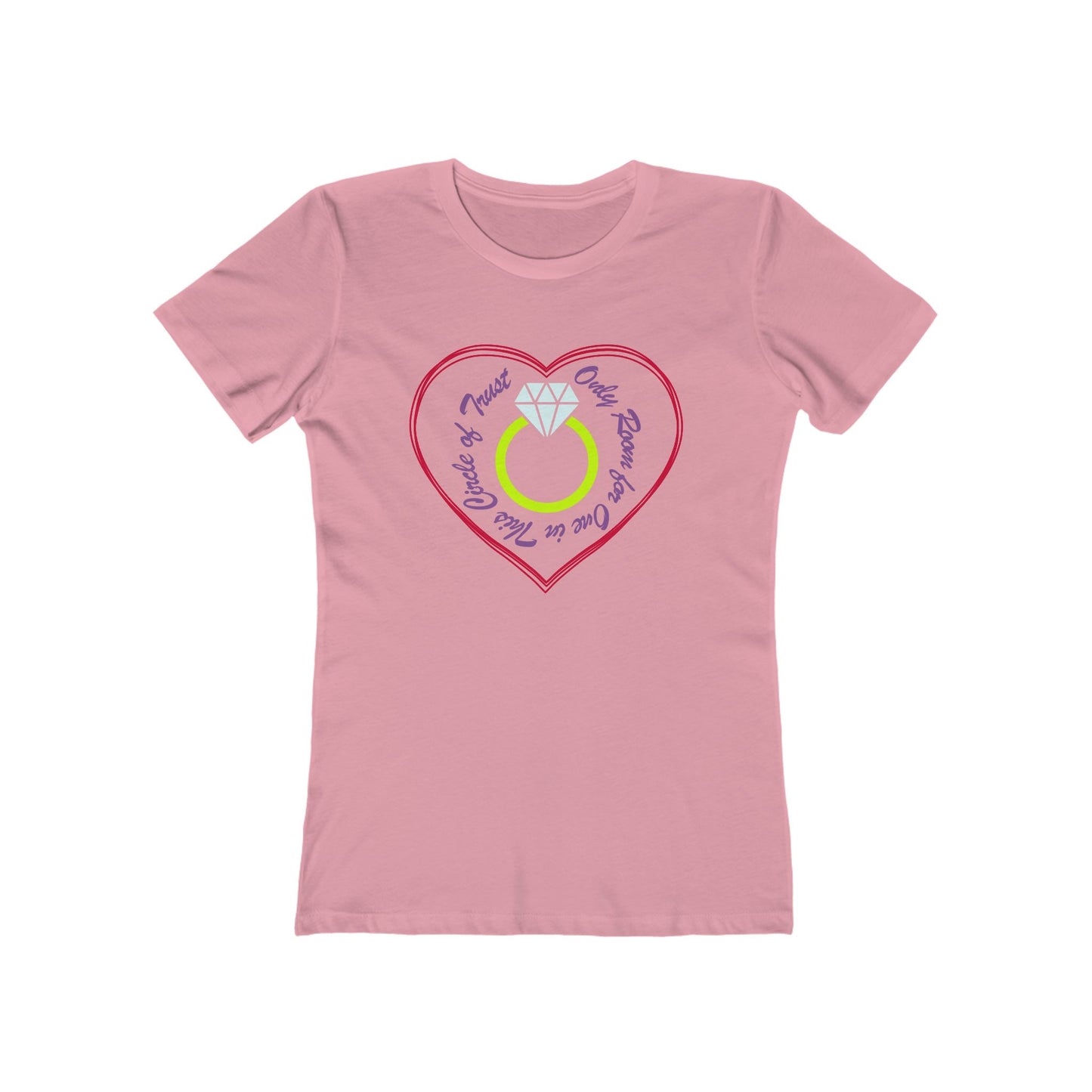 Pink t-shirt with a heart-shaped design featuring a ring on a white background