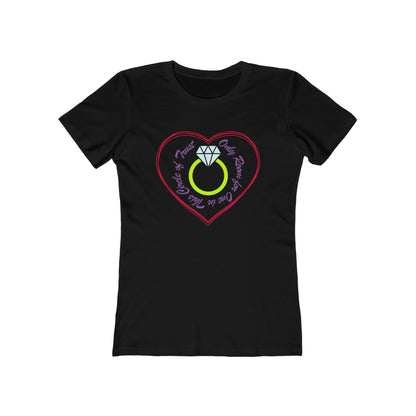 Black t-shirt with a heart-shaped design featuring a ring and text on a white background