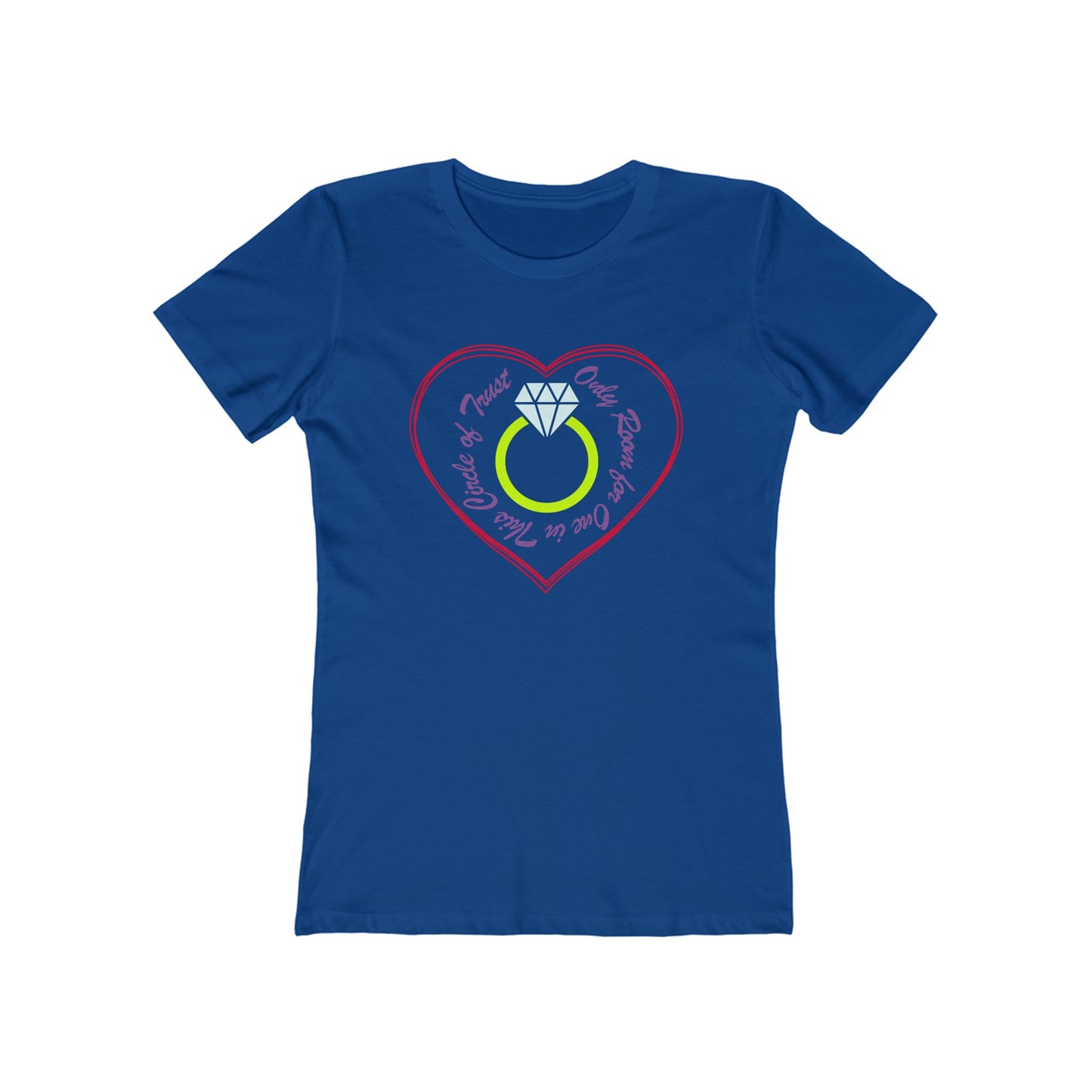 Blue t-shirt with a heart-shaped design featuring a ring and diamond on a white background
