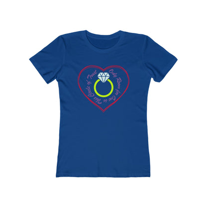 Blue t-shirt with a heart-shaped design featuring a ring and diamond on a white background