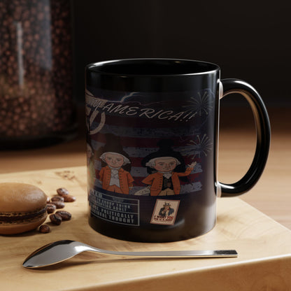 Black mug with illustrated characters and text on a wooden surface with coffee beans and a spoon.