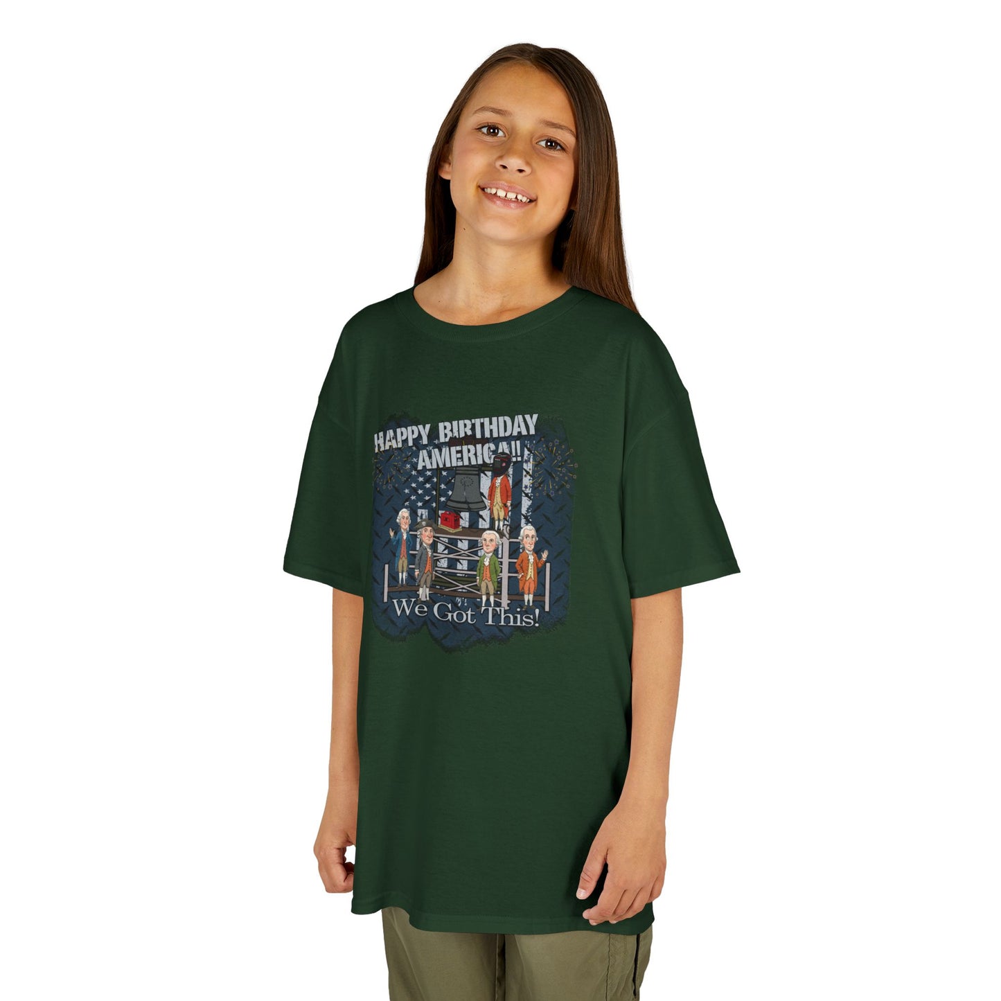 Child wearing a green t-shirt with a graphic design on a white background