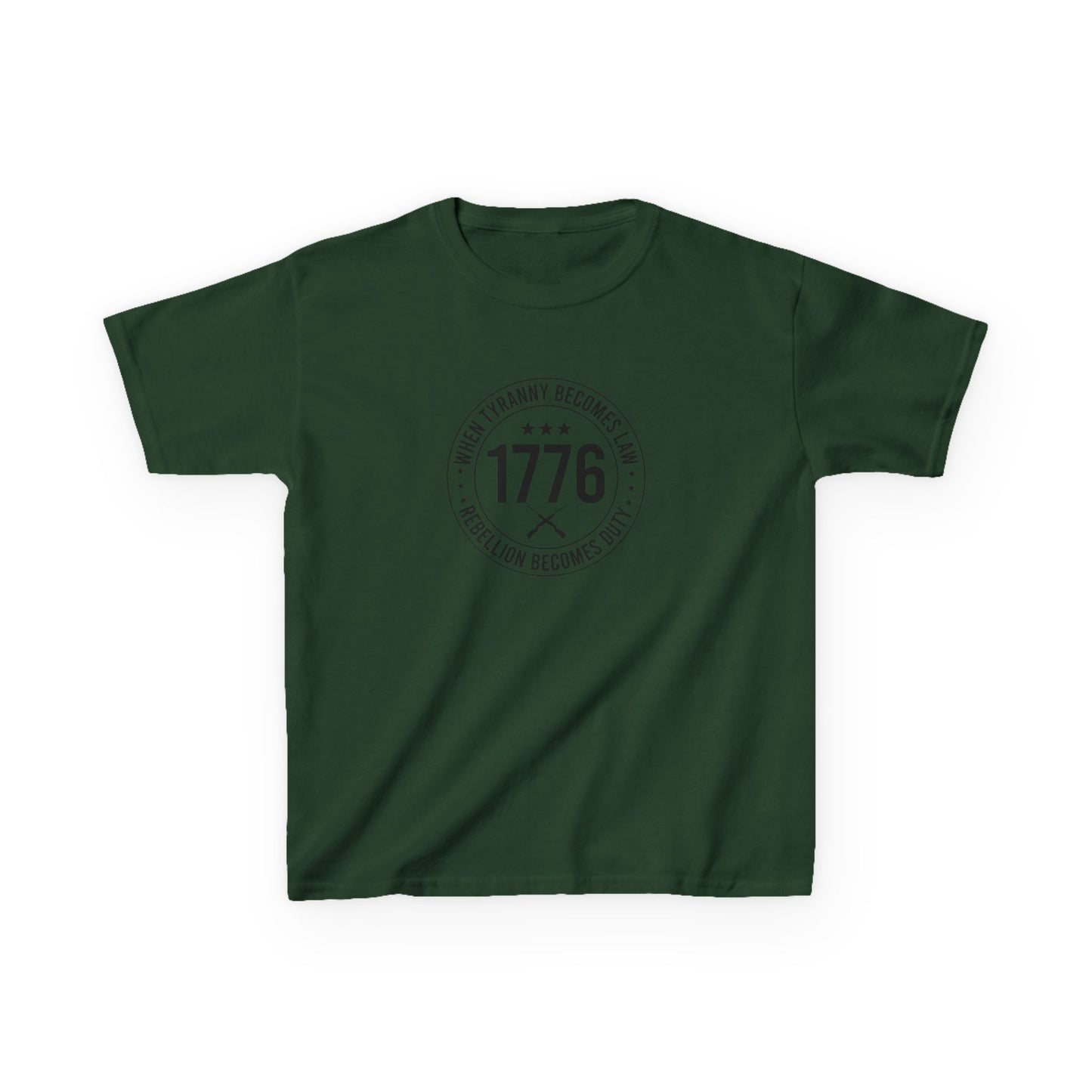 Green t-shirt with a black logo on a white background