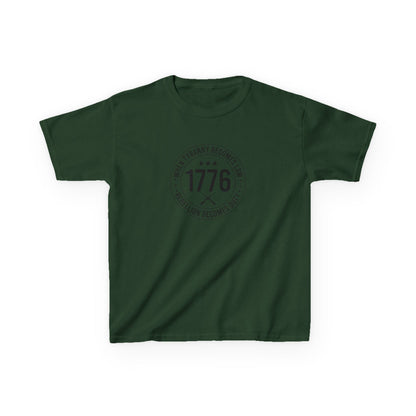 Green t-shirt with a black logo on a white background