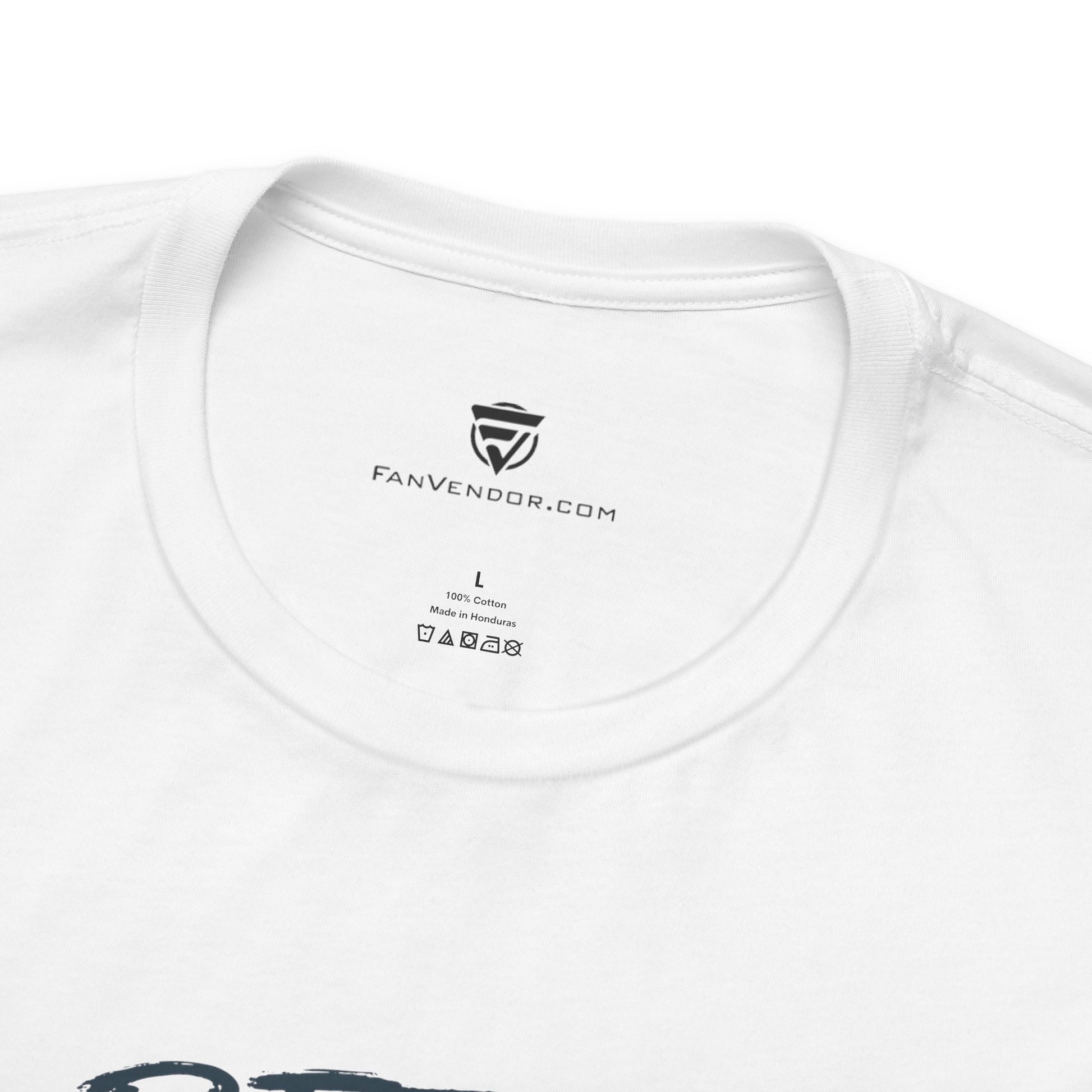 White t-shirt with a brand logo and text on the collar area.