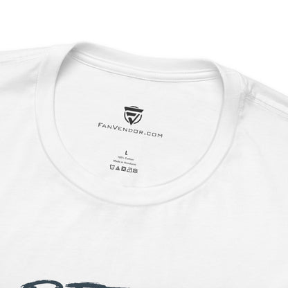 White t-shirt with a brand logo and text on the collar area.