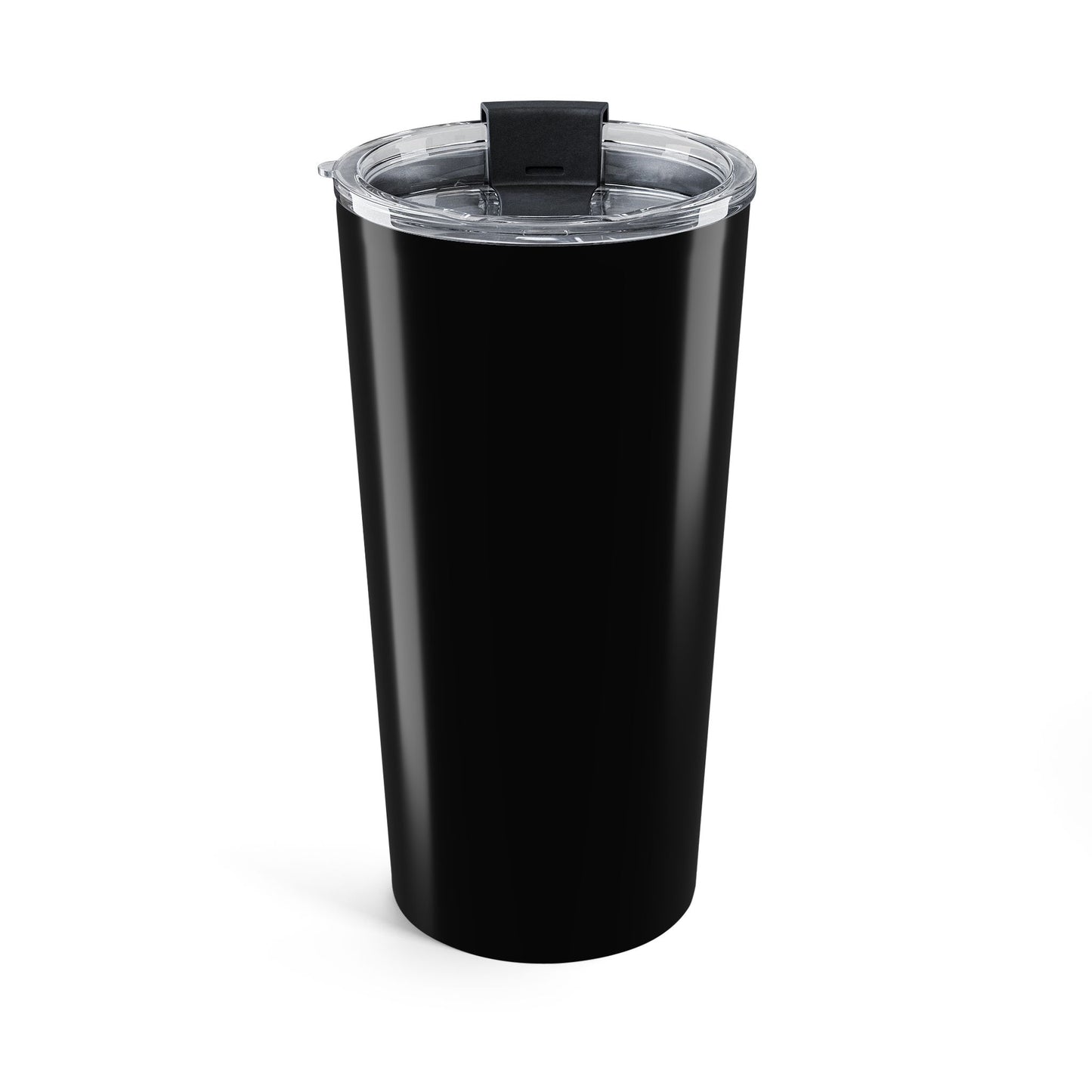 Black tumbler with a clear lid on a white background