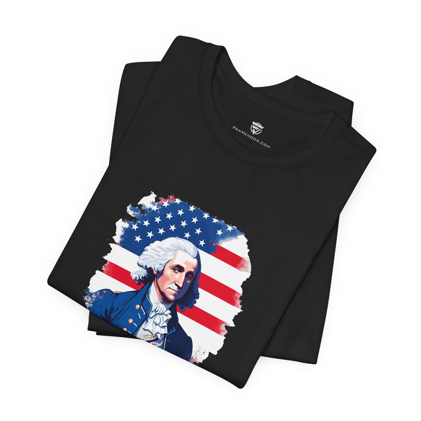 Black t-shirt with a graphic of a historical figure with an American flag design on a white background