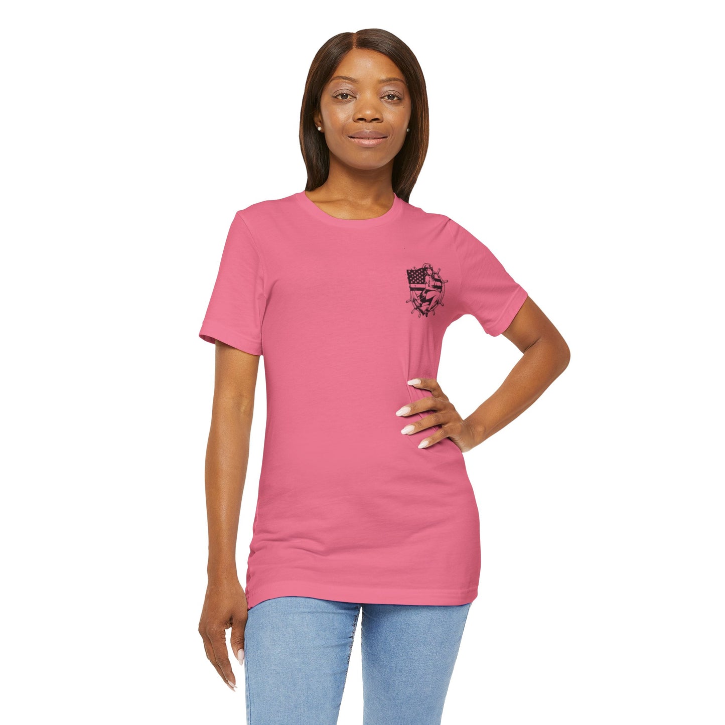 Woman wearing a pink t-shirt with a logo on a white background