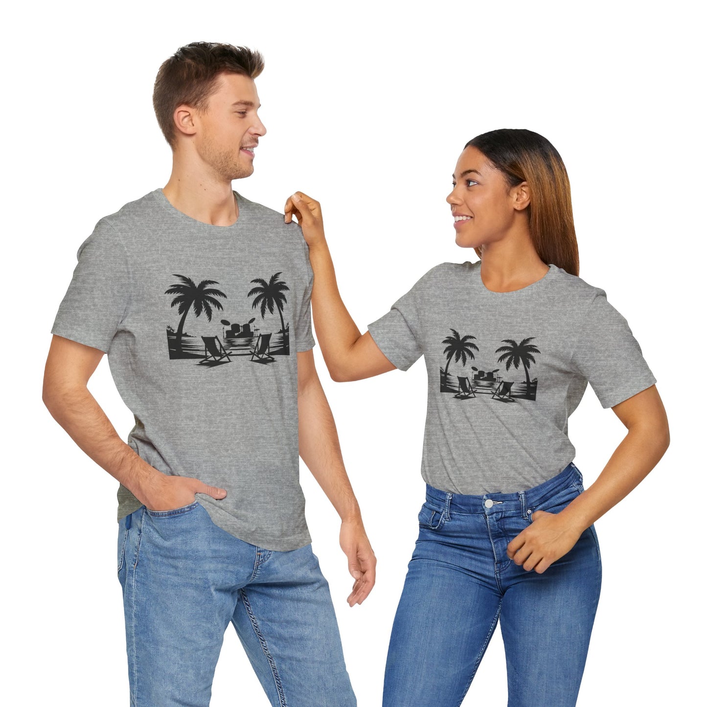 Two people wearing matching gray t-shirts with a tropical design on a white background