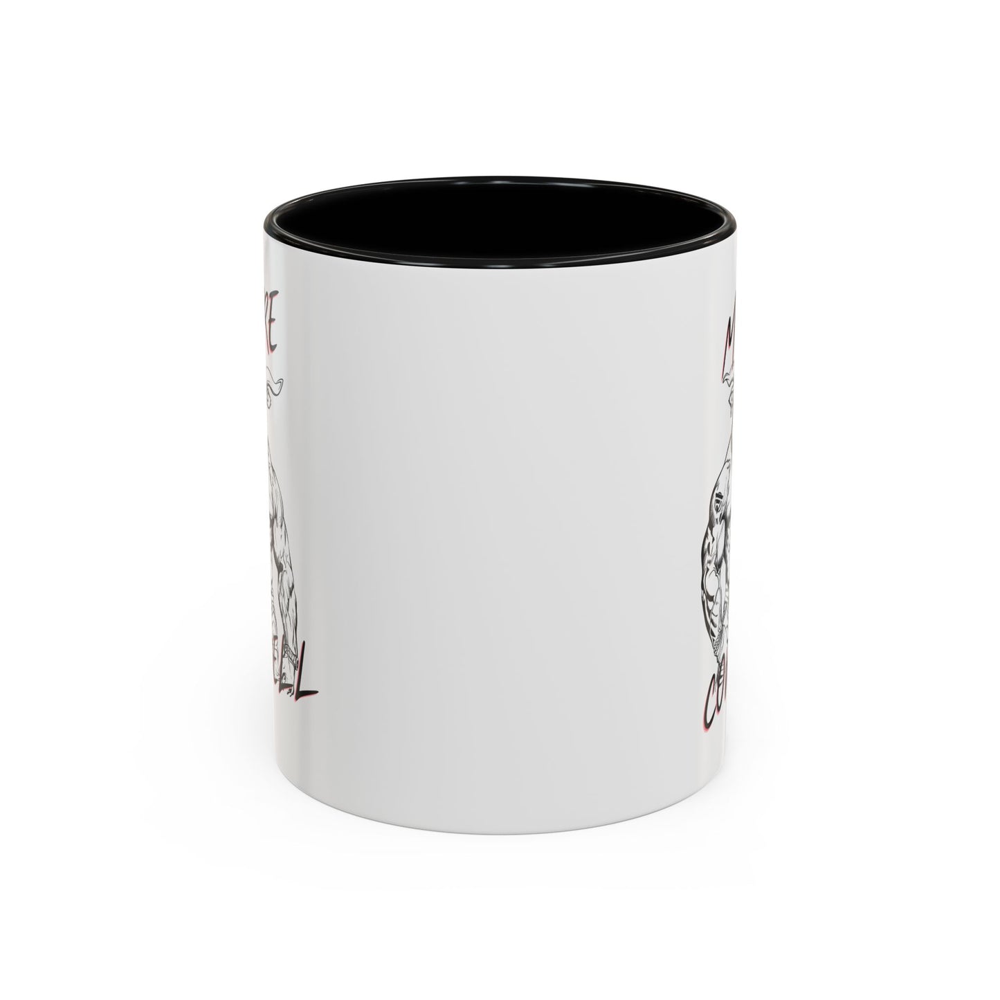 White mug with purple interior and pink heart designs on a white background