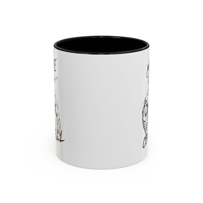 White mug with purple interior and pink heart designs on a white background