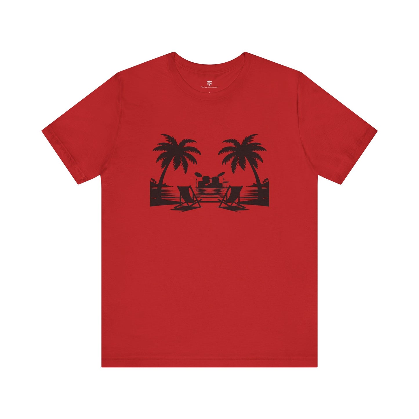 Red t-shirt with black beach graphic on a white background