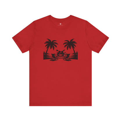 Red t-shirt with black beach graphic on a white background
