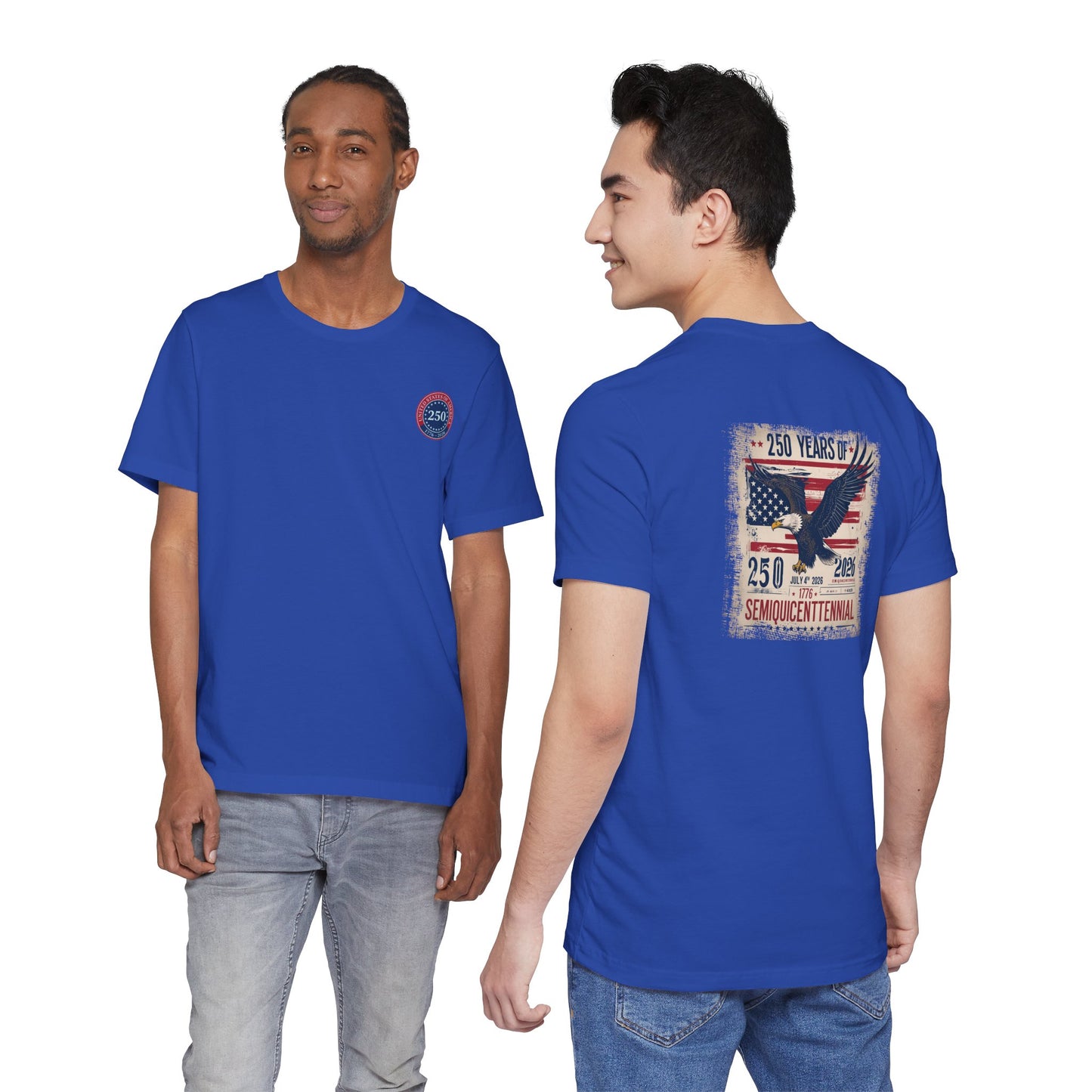 Two people wearing blue t-shirts with a design on the front and back, featuring an eagle and American flag.