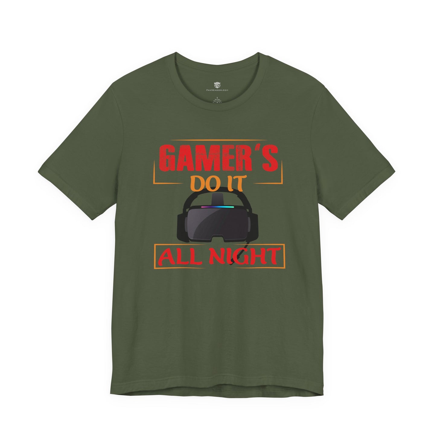 Green t-shirt with red and black graphic and text on a white background