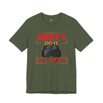 Green t-shirt with red and black graphic and text on a white background