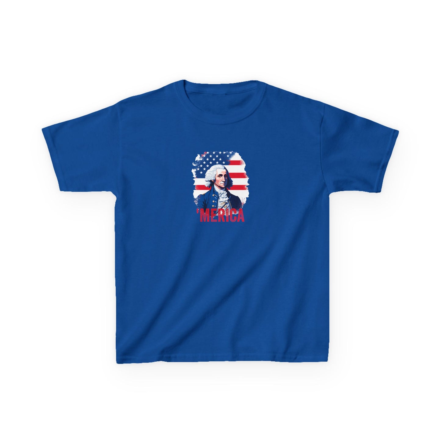Blue t-shirt with a graphic design of a person in front of an American flag and text on a white background.