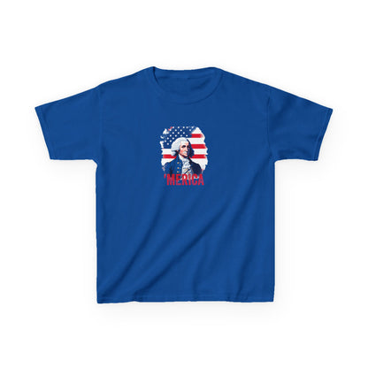 Blue t-shirt with a graphic design of a person in front of an American flag and text on a white background.