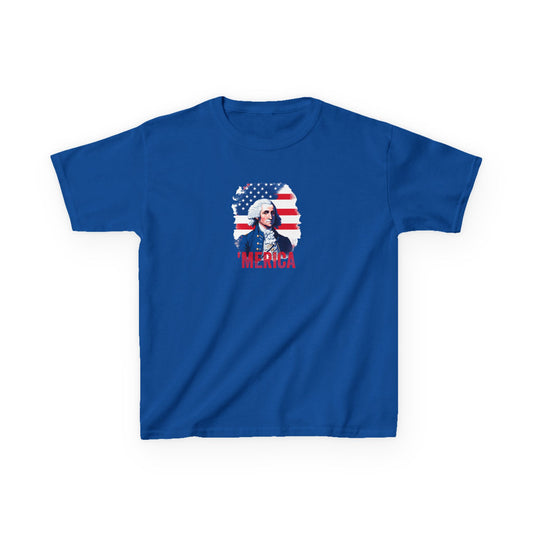 Blue t-shirt with a graphic design of a person in front of an American flag and text on a white background.