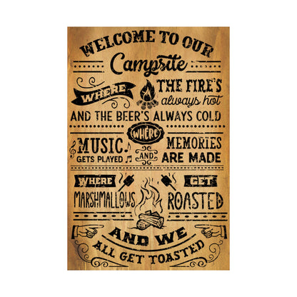 Wooden sign with text and graphics about camping and memories on a white background