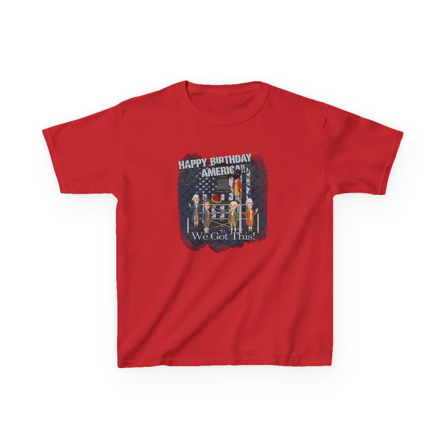 Red t-shirt with a graphic design and text on a white background