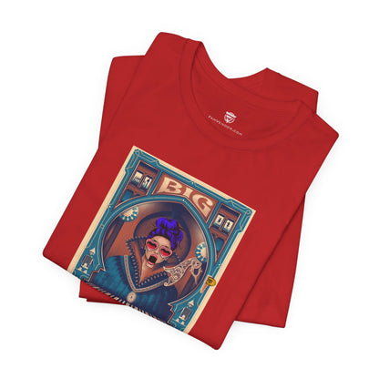 Red t-shirt with a graphic design on a white background