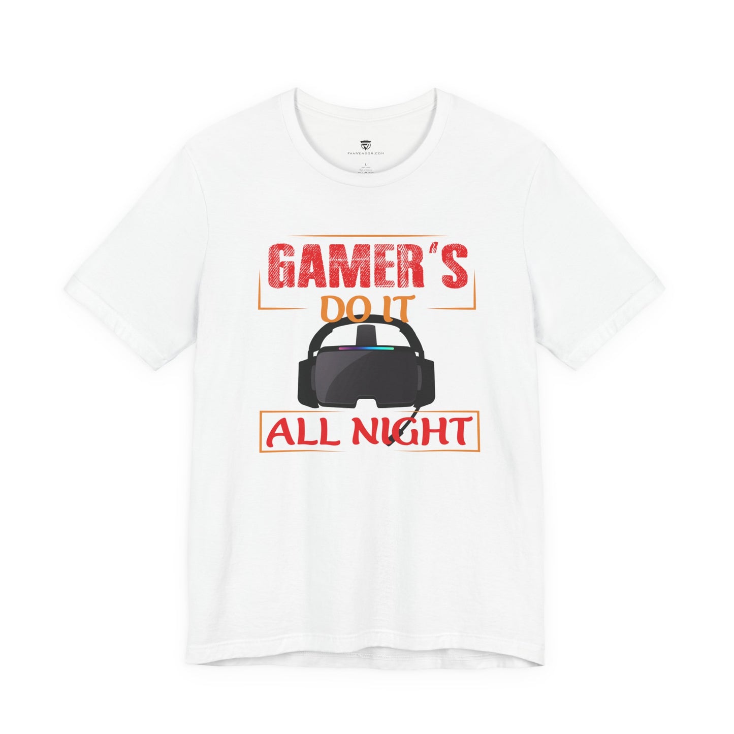 White t-shirt with 'Gamer's Do It All Night' text and VR headset graphic on a white background