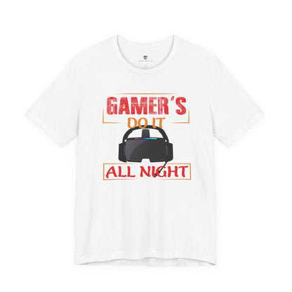 White t-shirt with 'Gamer's Do It All Night' text and VR headset graphic on a white background