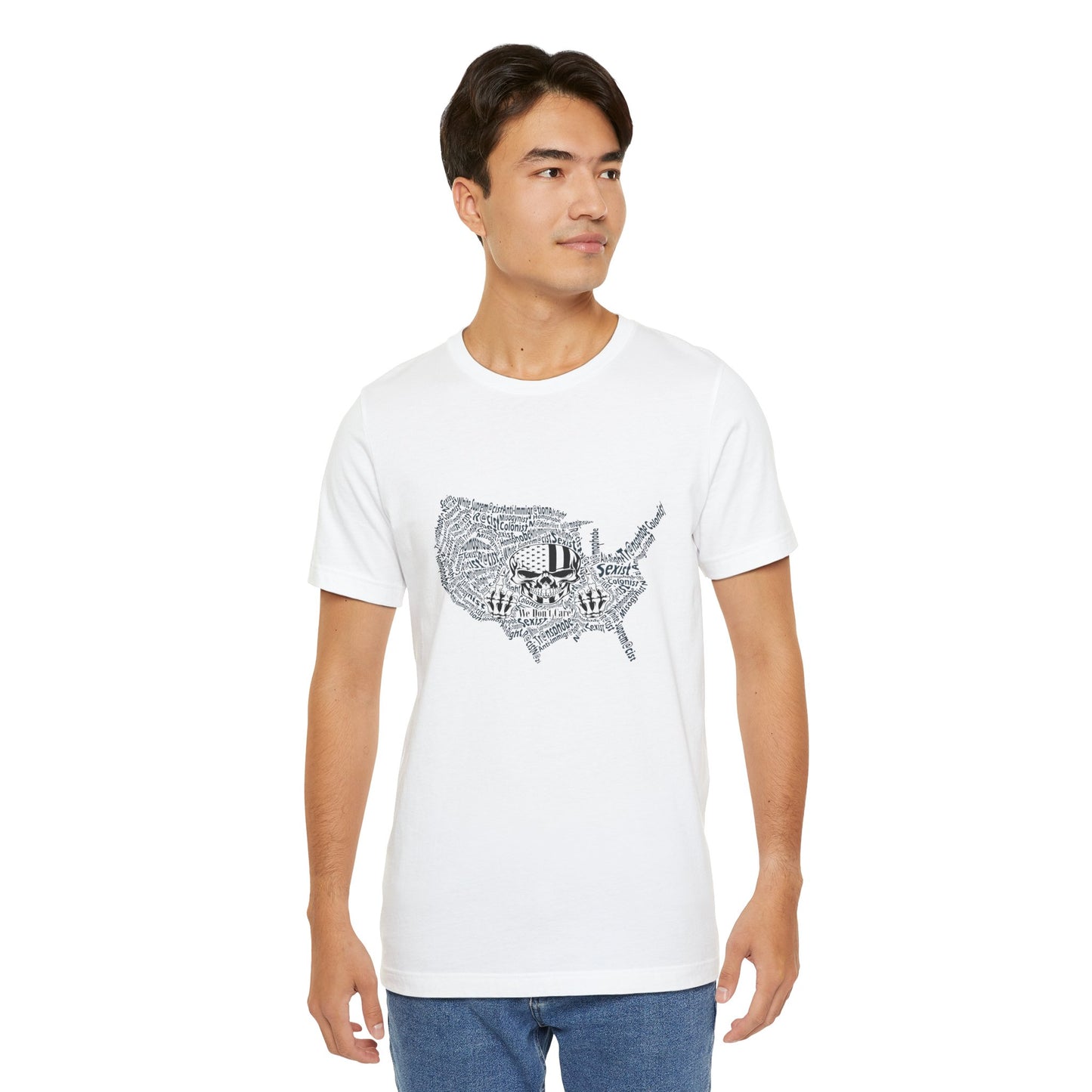 Man wearing a white t-shirt with a graphic design on a white background