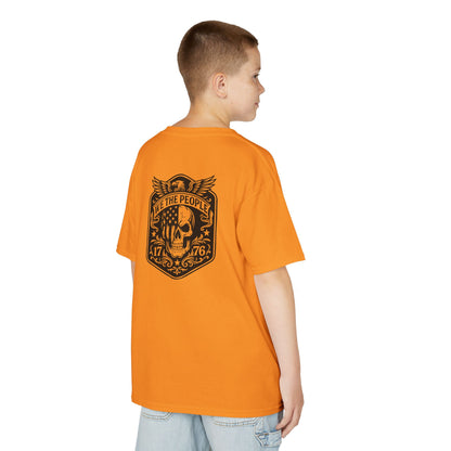Person wearing an orange t-shirt with a black graphic design on the back, standing against a white background.