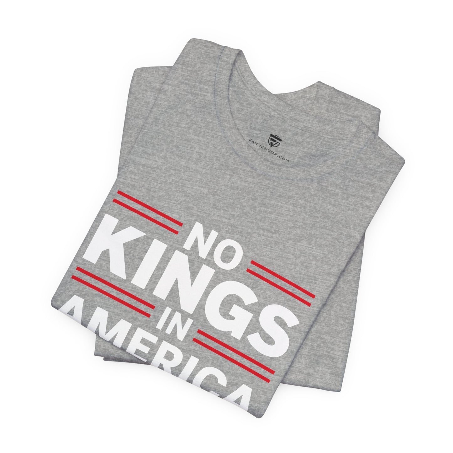 Gray t-shirt with 'No Kings in America' text on a white background