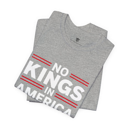 Gray t-shirt with 'No Kings in America' text on a white background