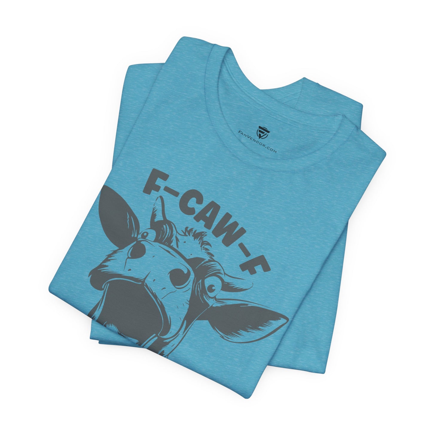 Folded blue t-shirt with a graphic design and text 