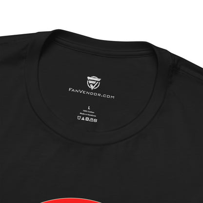 Black t-shirt with 'Fanvendor.com' logo and text on a white background
