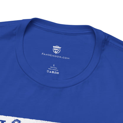 Close-up of a blue t-shirt with 'FanVendor.com' branding on the collar.