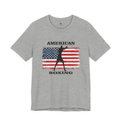 Gray t-shirt with American flag and boxing silhouette design on a white background
