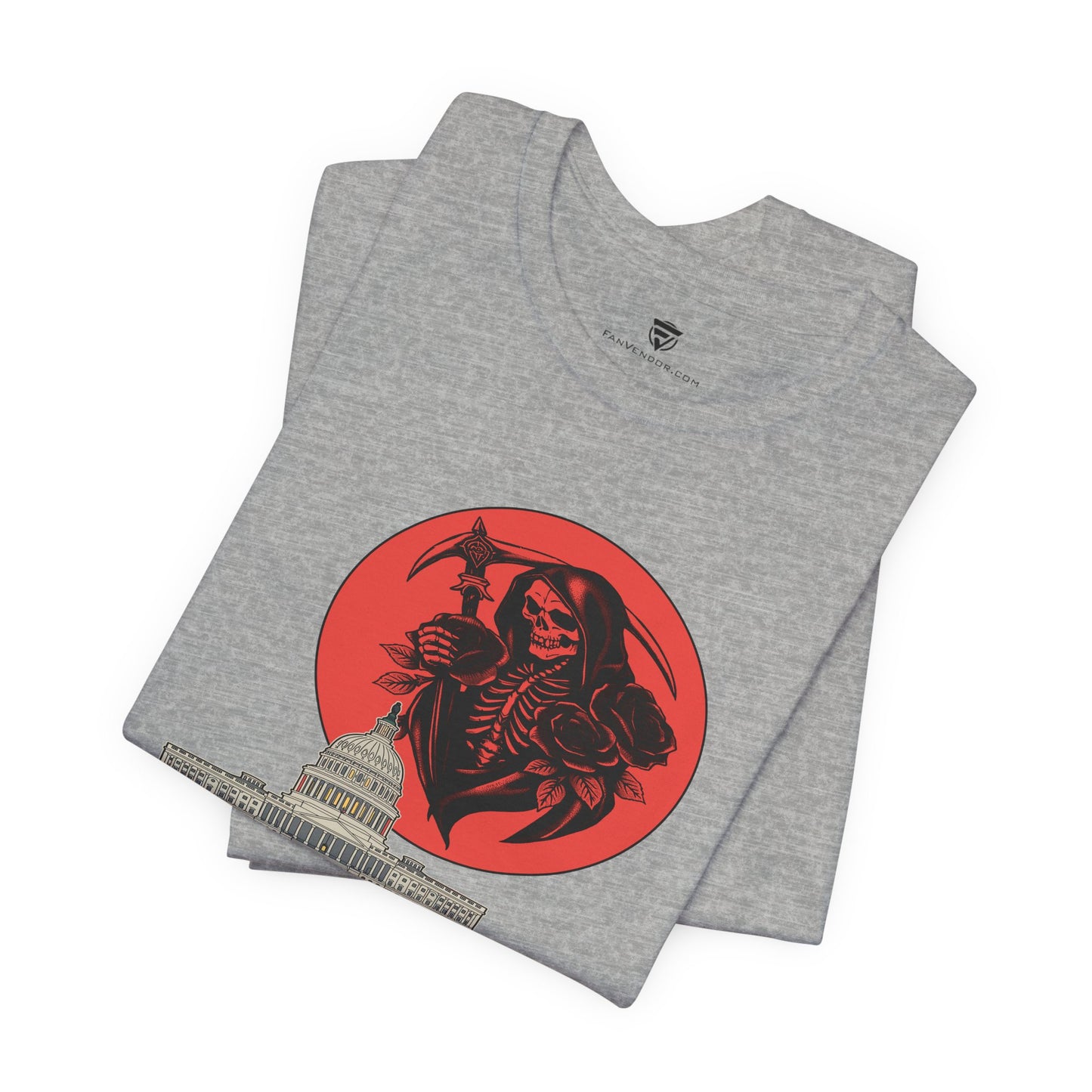 Gray t-shirt with red and black graphic design on a white background