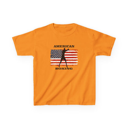 Orange t-shirt with American flag and boxing graphic on a white background
