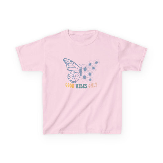 Pink t-shirt with a butterfly graphic and text on a white background